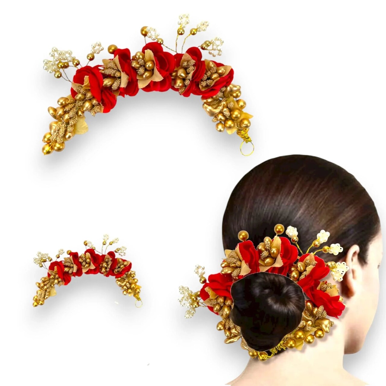 Designer Rose Gajra Traditional Indian Hair Accessory Artificial Flower Jewelry Handmade Veni Tiara for Women Party Wear Bridal Mehndi Hair Bun Classical Dance Jewelry